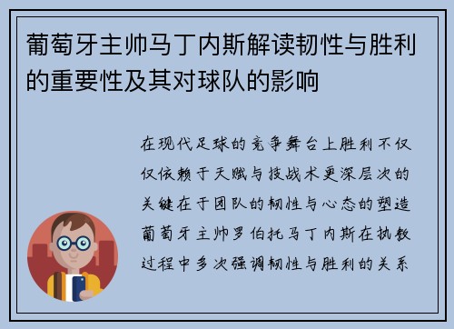 葡萄牙主帅马丁内斯解读韧性与胜利的重要性及其对球队的影响